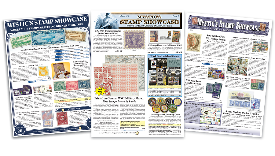 Various cover designs for Mystic's Stamp Showcase